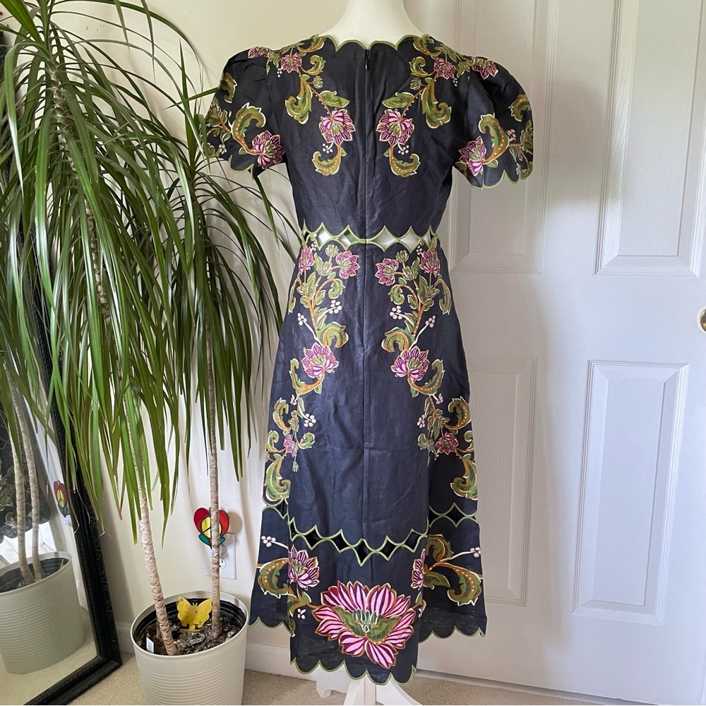 FARM Rio Ravenela Floral Embroidered Black Linen Midi Dress Women's Small NWT - Picture 15 of 16
